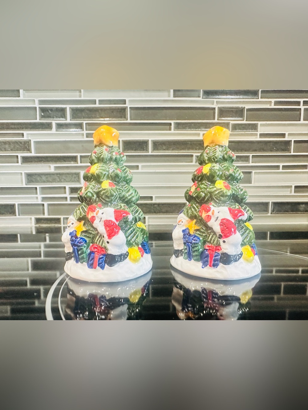 Homespun Holiday Collection Ceramic Christmas Tree Snowmen Salt & Pepper Shaker